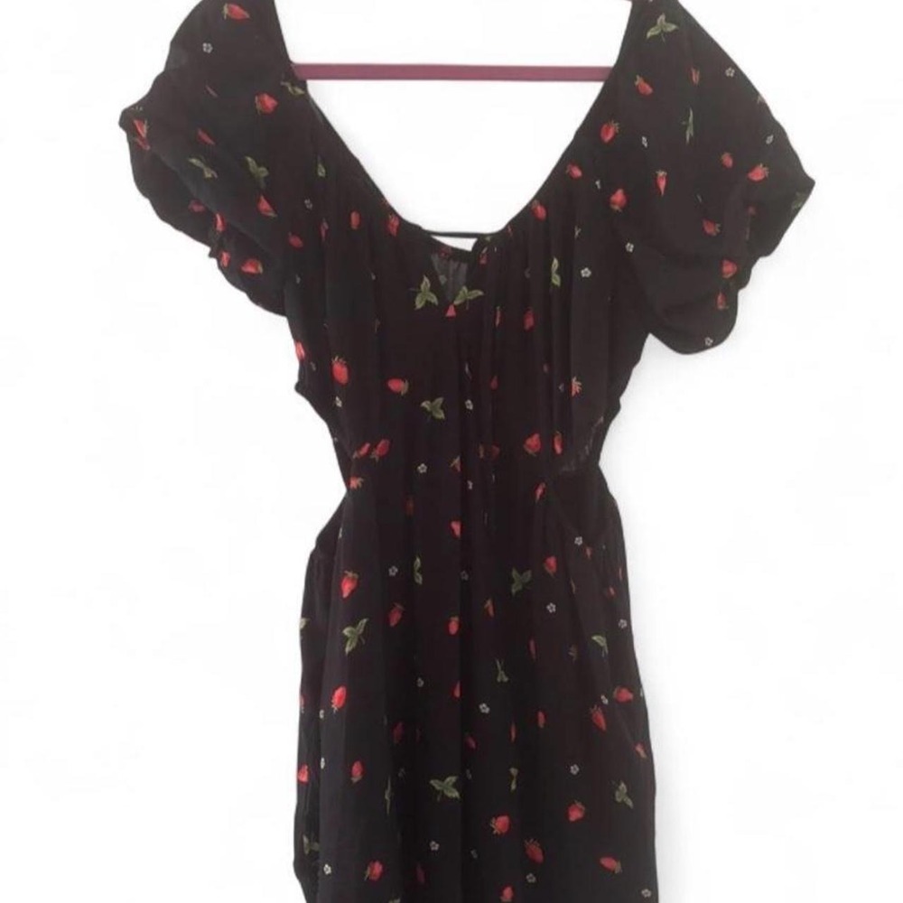 Black cut out Milk maid cottage core strawberry print dress